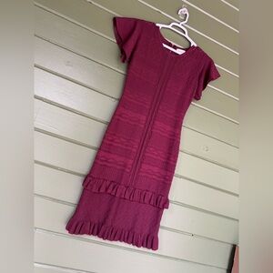 Böhme Red Burgundy Textured Knit Dress Flutter Sleeves Ruffle Hem size XS